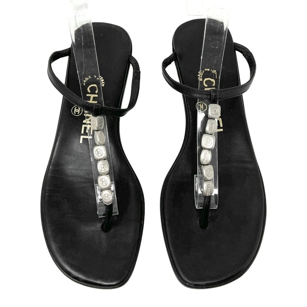 Chanel Black Leather CC‎ Logo Flat Thong Sandals 36.5 Vintage